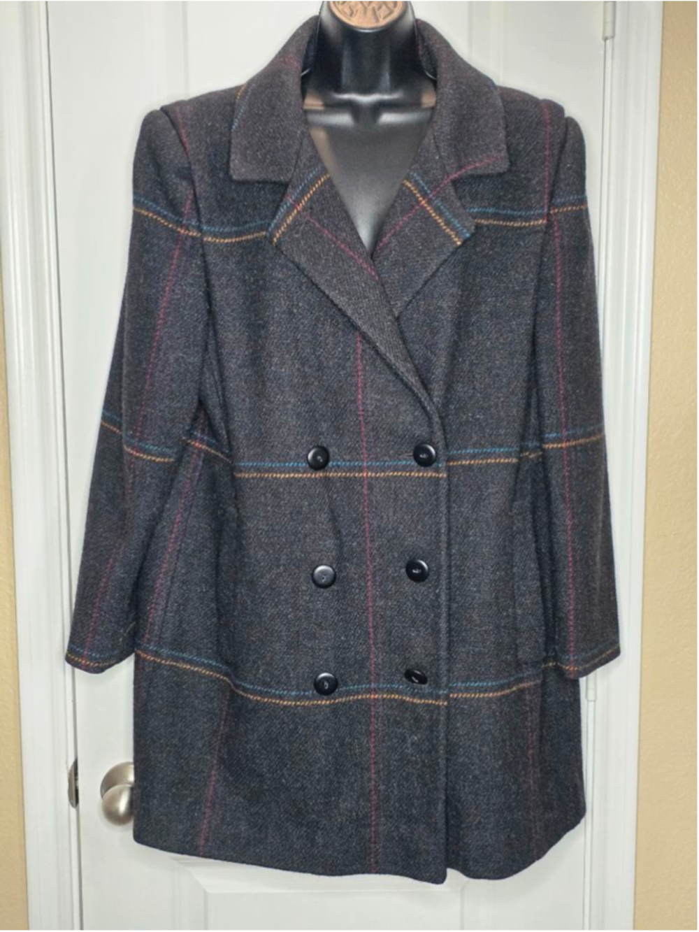 Dillard's Charcoal Plaid Wool Pea Coat Women’s XL - Picture 2 of 6